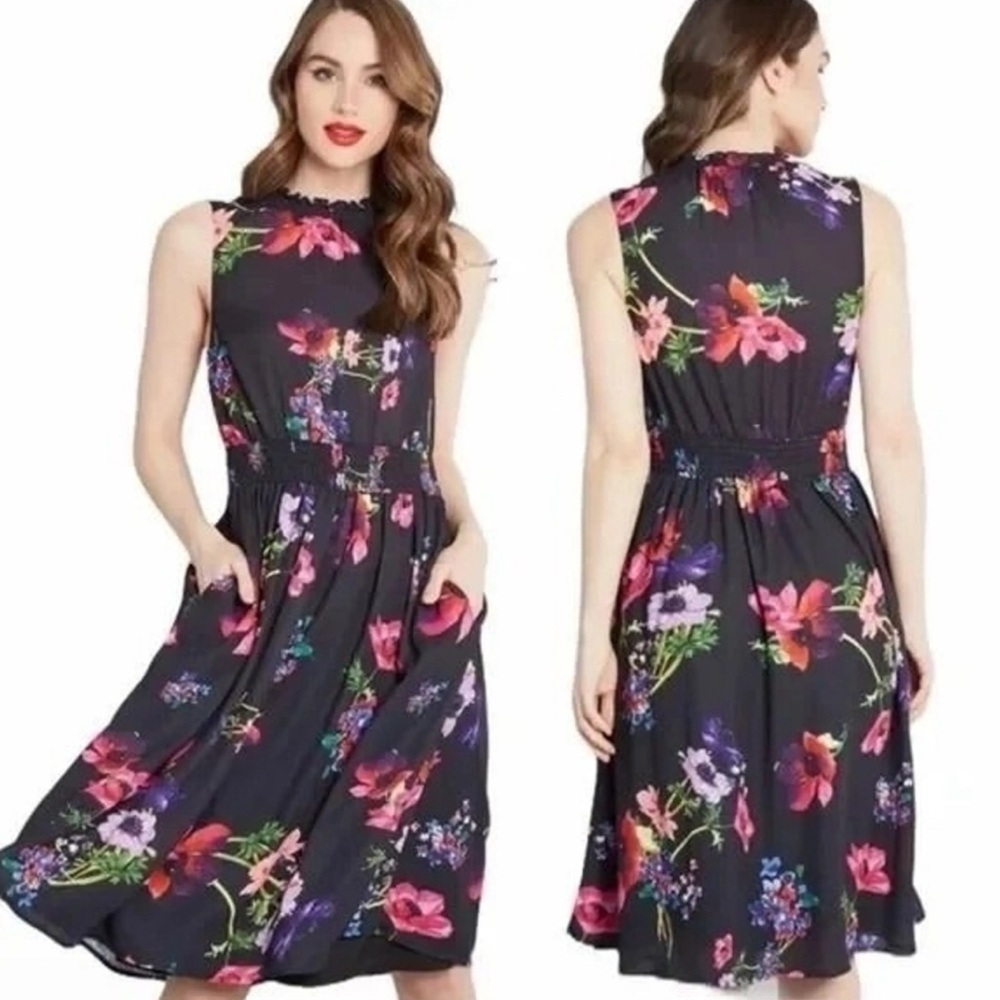 Modcloth Sleeveless High Neck Dress MED Shirred Waist Pink Purple Floral Chiffon